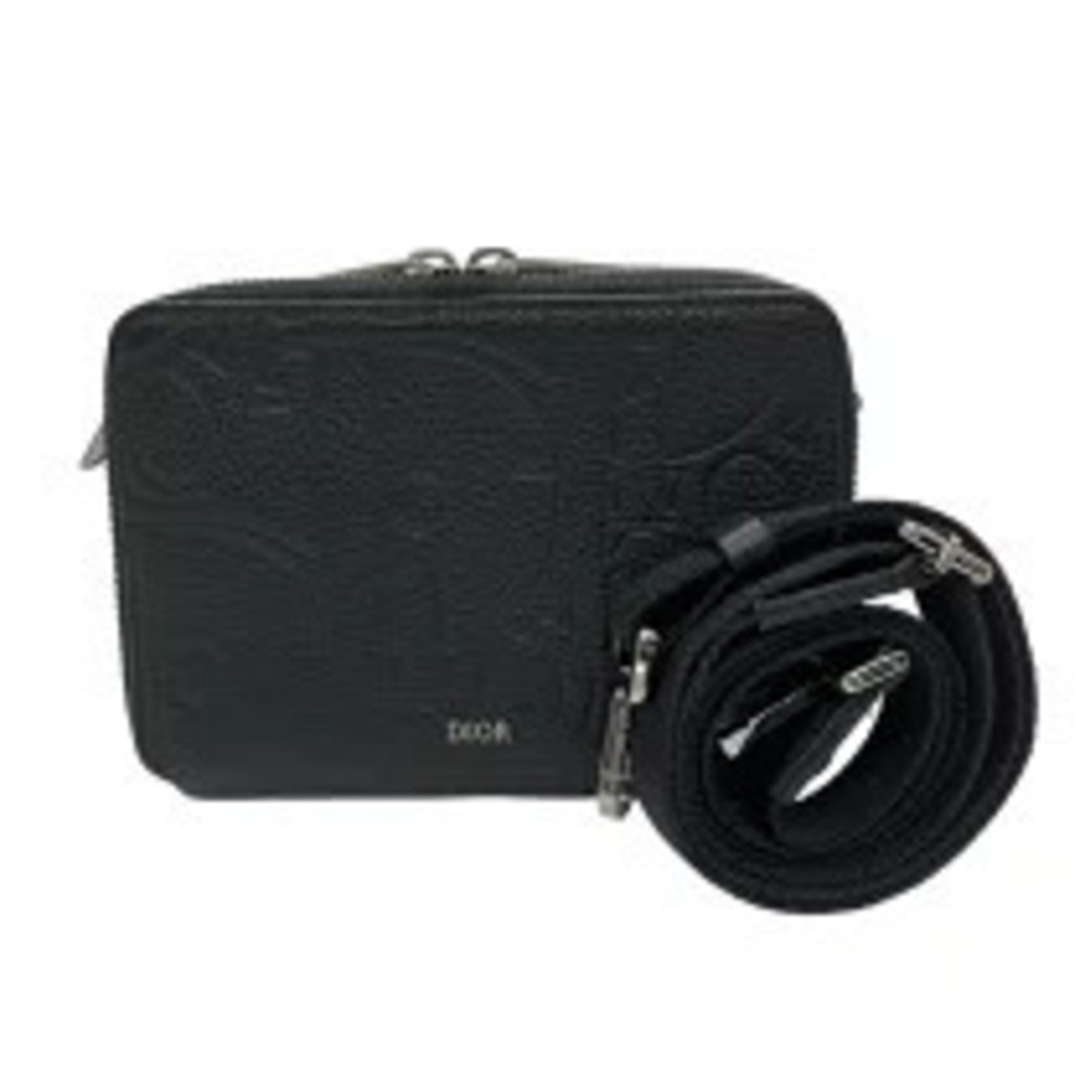 Christian Dior Gravity Zip Pouch Clutch Strap Black Leather Shoulder Bag